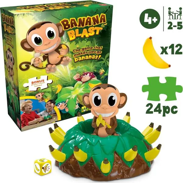 Banana Blast Monkey Jump Game with 24-Piece Colorful Puzzle, Fun Family Board Game for Kids, Green Edition