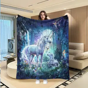 Dreamy Moonlight Forest Unicorn Plush Blanket, Blue Background with Glowing Unicorns, Cozy Bedding & Sofa Throw, Multifunctional Blanket, Perfect Gift for Mother's Day