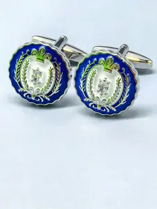 Zk44 Silver Blue Badge Pattern Business Cufflinks, Elegant Colorblock Design, Perfect for All Seasons, Ideal for Professional Wear
