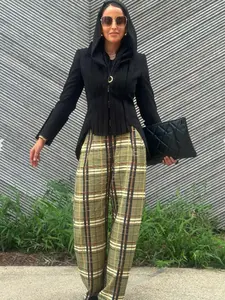 Plaid Woman Trousers Street Baggy Wide Leg Pants For Women Minimalist Mid Waist Casual Comfy Loose Long Pants Office Wear Wide Pants Women Trousers Spring Palazzo Checked Pants