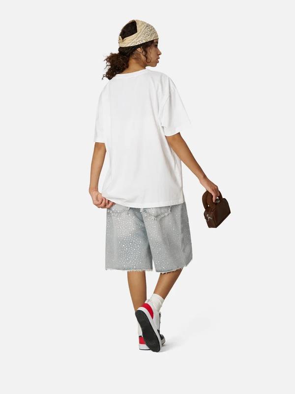 Aelfric Eden Rhinestone Application Loose Jorts Casual Soft Denim Jorts Wide Leg Streetwear Trendy Bottoms Baggy Jorts Summer Baggy Denim Shorts Wide Leg Loose Fit