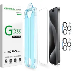 OneTouch 2+2 Pack Compatible with iPhone 15 Pro Screen Protector 6.1" Tempered Glass with Camera Lens Protector Accessories, Premium Easiest Installation Kit 9H HD, Case Friendly