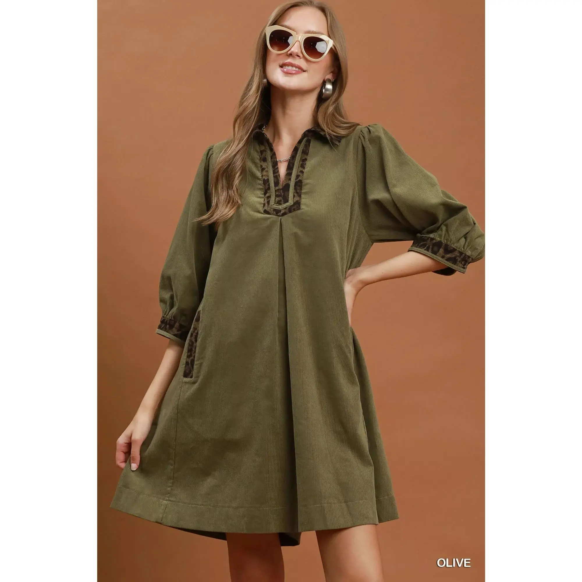 Umgee V-Neck Shift Dress with Contrast Trim