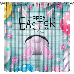 Easter Funny Decor Window Curtain Happy Rabbit Bunny Ears Spring Garden Colorful Eggs Butterfly for Home Kitchen Restaurant Decoration Window Drapes 2Panel 41" W X 44" L