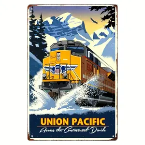 Durable Vintage Metal Sign Union Pacific Train Art 8x12inch Pre-Drilled Weather Resistant Iron Wall Decor for Home Bar Ideal Gift