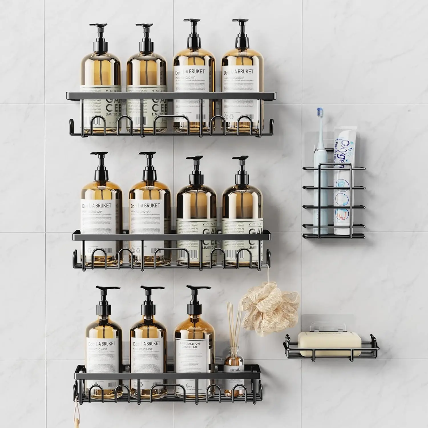 Shower , 5 Pack Shower Shelves for Inside Bathroom, Rustproof Adhesive Bathroom Organizer with Soap Holder, No Drilling Washroom Organizers and Storage for Bathtub Room/Kitchen/, Black