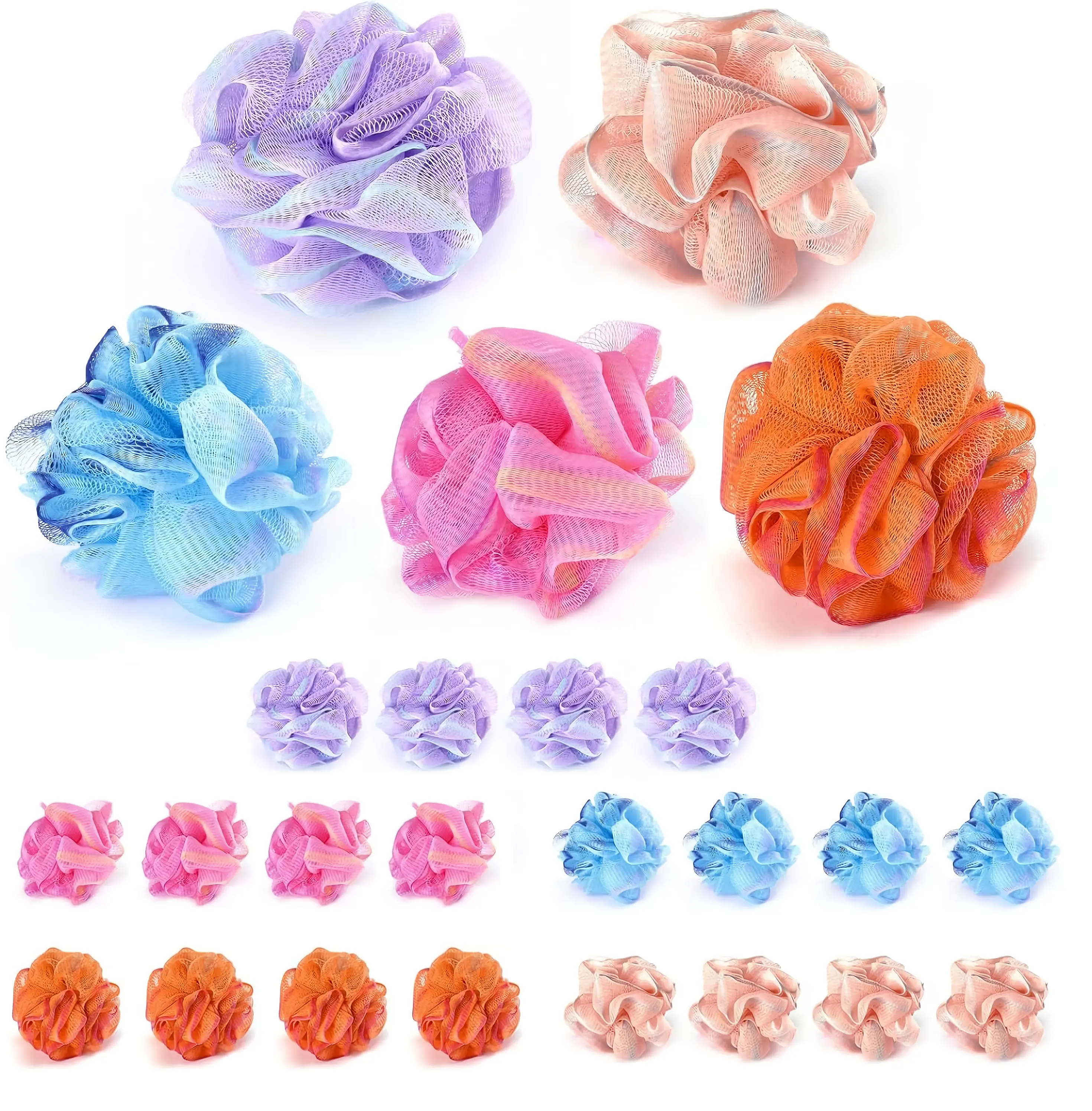 20 Pack Shower Pouf Set Soft Mesh Bath Sponge Loofah Multipack for Gentle Exfoliating Body Wash Colorful Travel Size