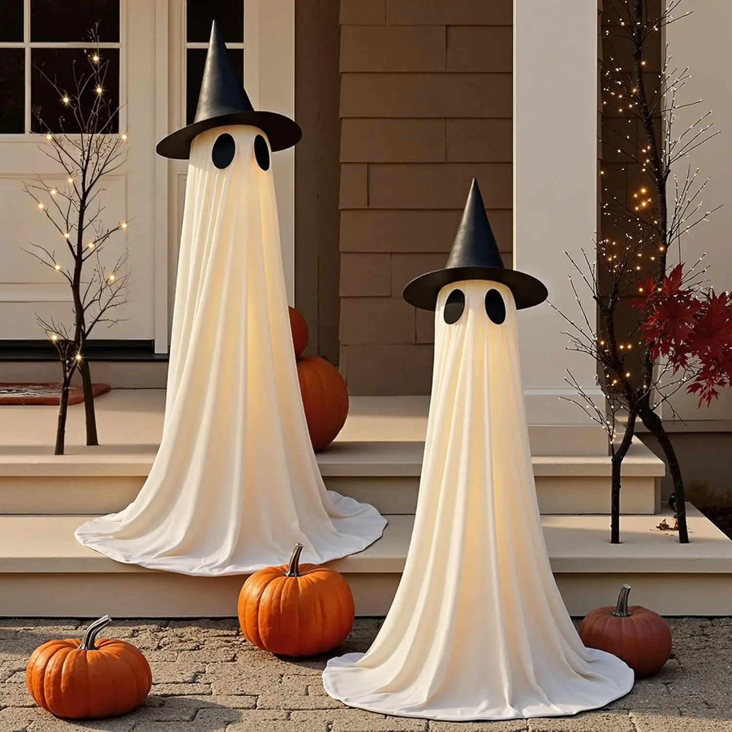 5Ft Halloween Decorations Outdoor Indoor, 2 Packs Wind-resistant Ghost Decor with String Lights, Scary Door Decoration Outside Euipped Waterbags & Hat