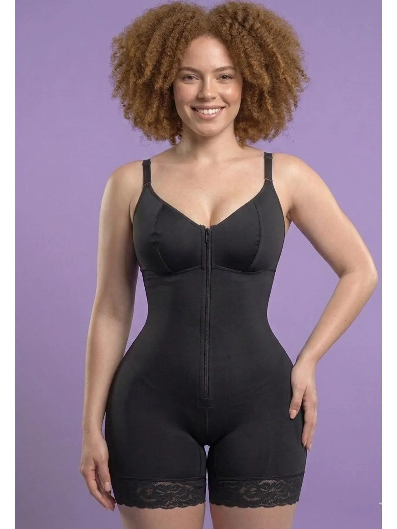 Seamless Look Office Use Shapewear Women's Tummy Control Bodysuit With Lace Trim High Compression Suit