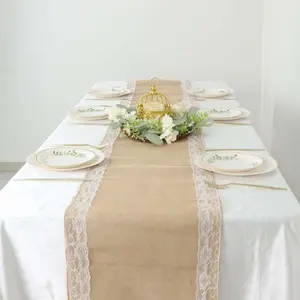 Burlap Jute Table Runner 14"x104" Natural With White Lace Trim Edges - Rustic Vintage Tabletop Decor