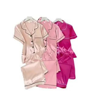 Women's solid color satin pajama set, short-sleeve pajama set, short-sleeve... front button-down collared shirt with contrast trim long pants pajama set, summer pajama set