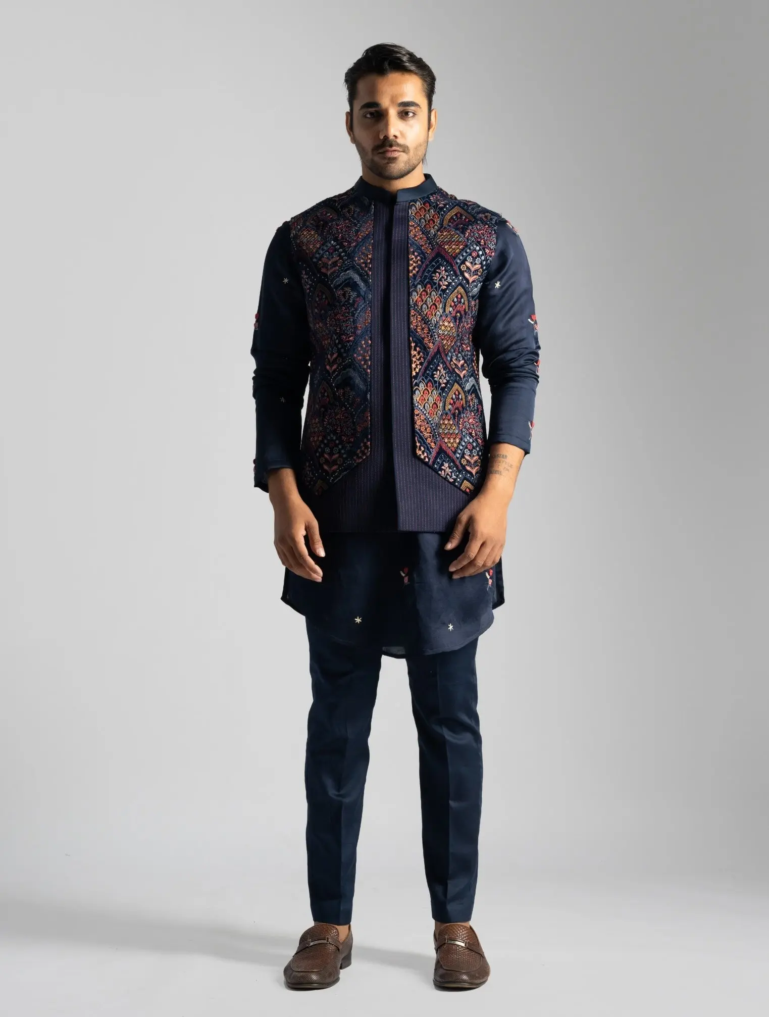 Navy blue nehru jacket and kurta set