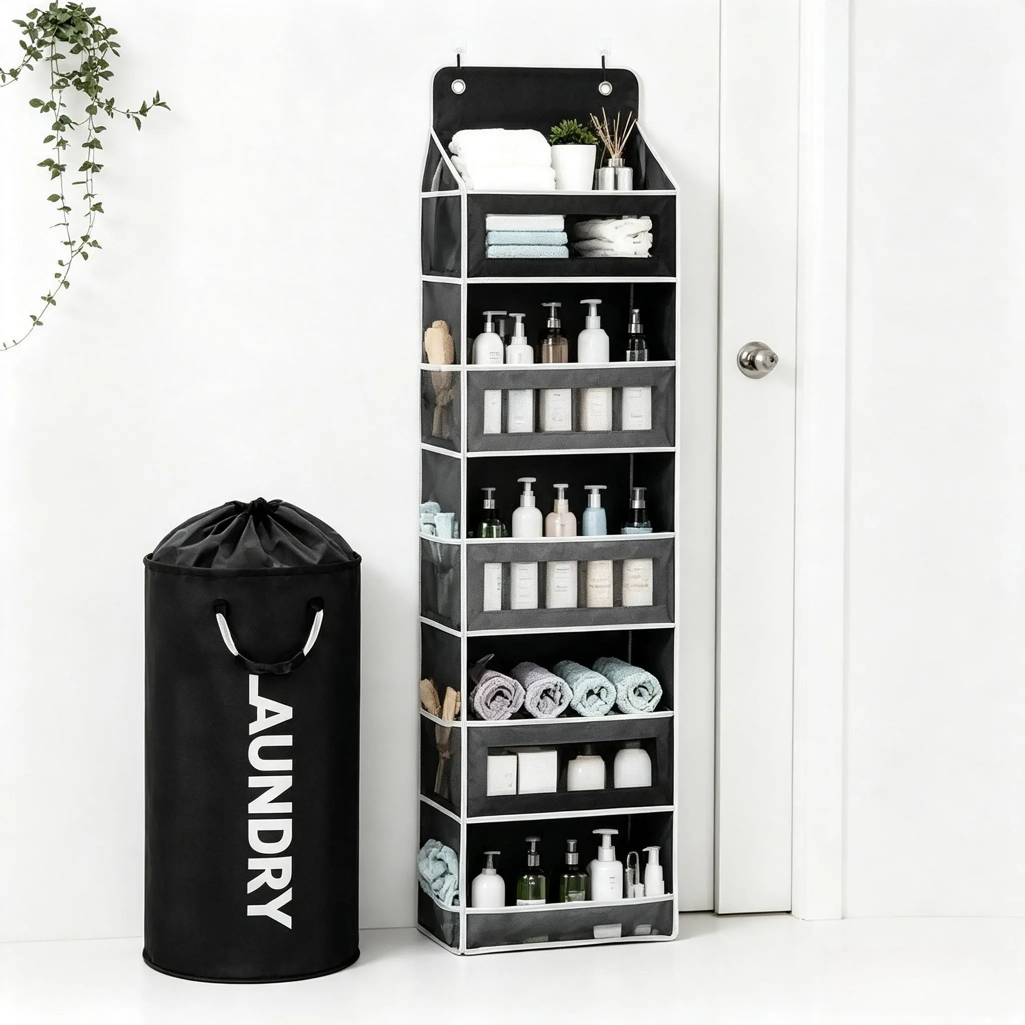Modern Foldable Laundry Basket Set - 95L Large Capacity, 44lbs Load, 10 Pockets Side Bags, Rear Storage Bag, No-Punching Installation, 600D Oxford Folding Hamper, Dormitory Home Laundry Essential Tool, Laundry Baskets, Over-The-Door