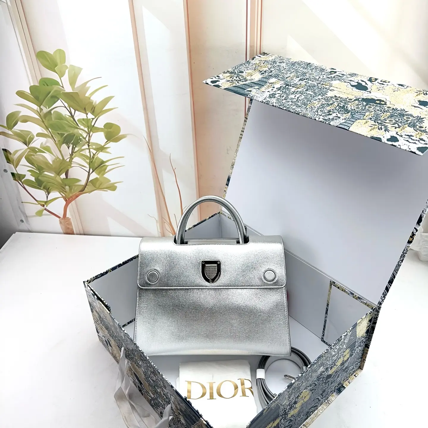 Pre-owned Dior Silver Metallic Leather Top Handle Flap Satchel 0804 RAYE 22790835
