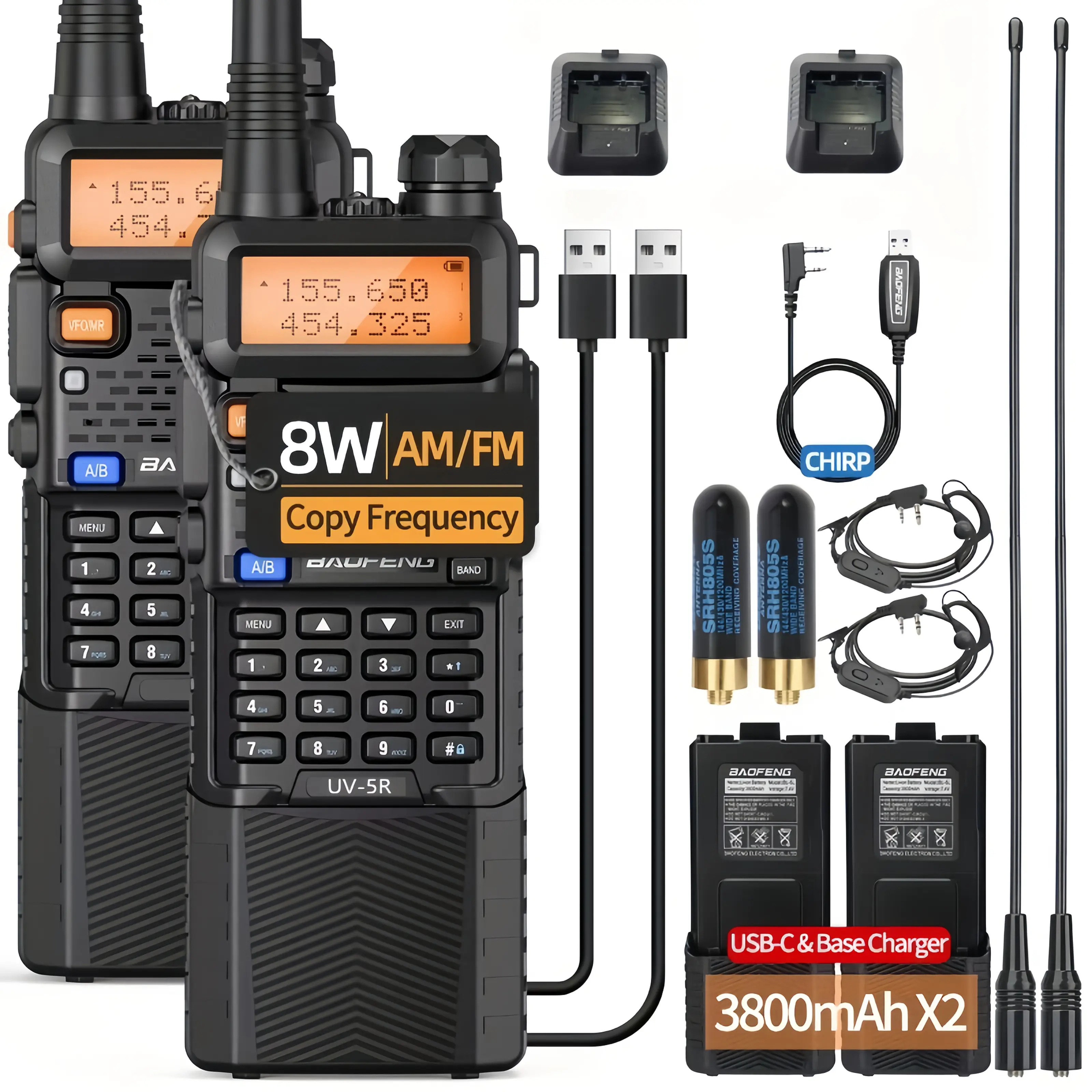 BAOFENG UV-5R Walkie Talkie. Popular dual-band VHF/UHF transceiver with 128 channels, FM radio, CTCSS/DCS. Compact and durable. Ideal for ham enthusiasts, security, camping, hiking and outdoor activities.