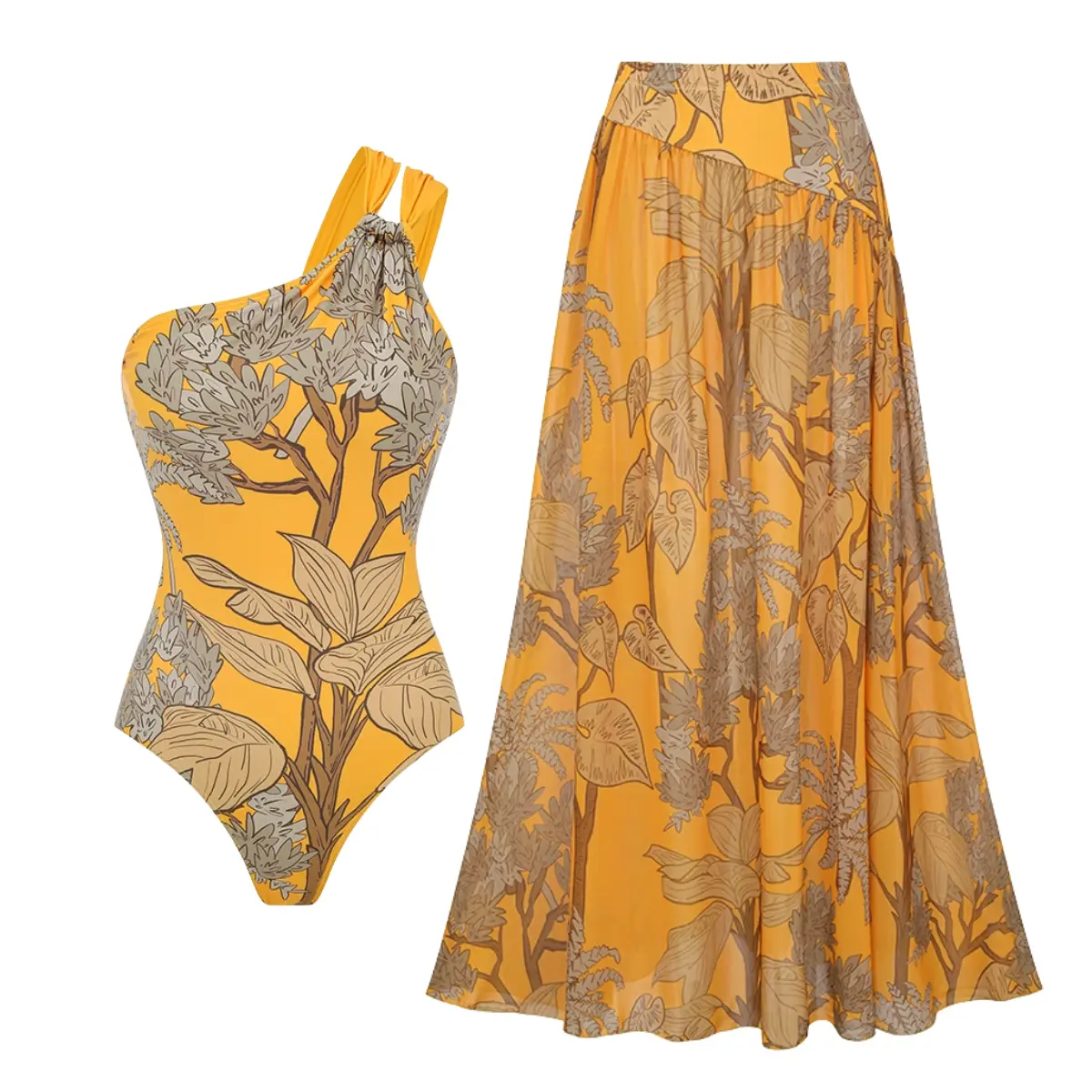 FLAXMAKER Women's One Shoulder Yellow Plant Print One Piece Swimsuit and Matching Cover Skirt Set Swimdress Stylish Beachwear Bathing Suit summer Swimwear Coverups #Summervibes outdoorfun #SwimWeek summerwins#DealsforyouDays tiktokshopbacktoschool