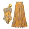 FLAXMAKER Women's One Shoulder One Piece Swimsuit with Matching Cover Up Skirt Set, Yellow Plant Print Bathing Suit, Summer Beachwear, Stylish Swimdress