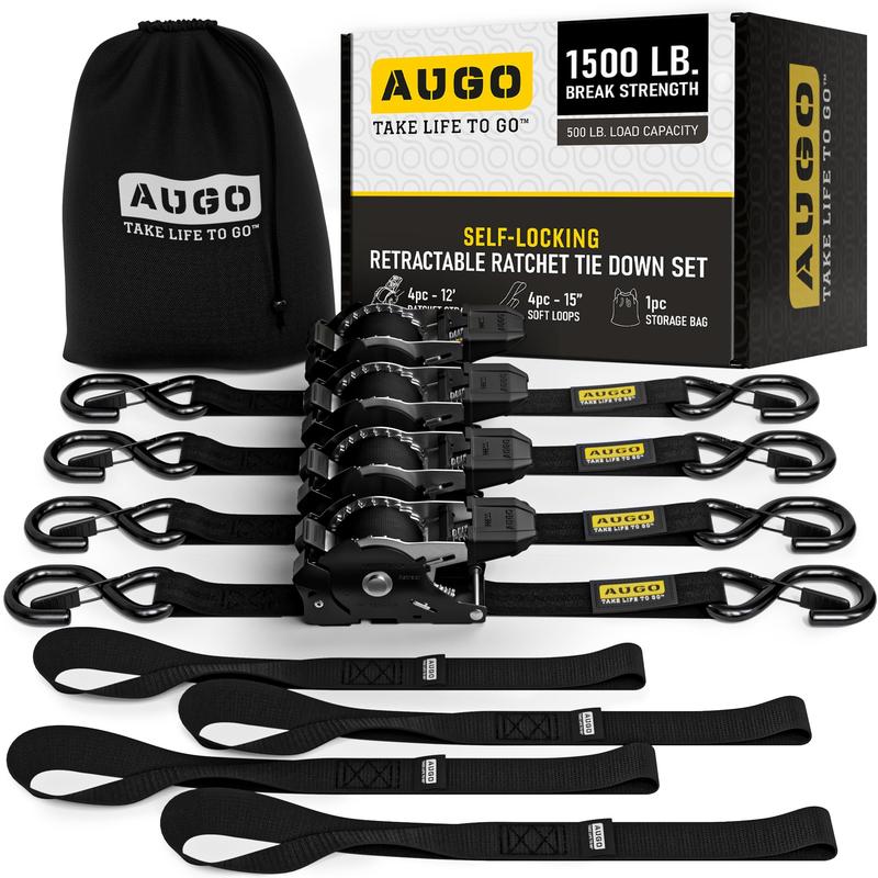 AUGO Self-Locking Retractable Ratchet Straps 4 Pack 1500Lb Break Strength 12 Ft Webbing with Soft Loops & Storage Bag for Motorcycle Truck Cargo