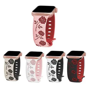 3D Laser Engraved Floral Silicone Watch Band with Butterfly & Figure 8 Clasp, Two-Tone Design for Apple Watch Series