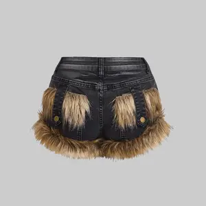 Plus Size Denim Shorts with Faux Fur Trim Medium Stretch Skinny Fit Zipper Closure Pockets & Button Detail for Women