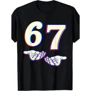 Men'S 67 Meme Skeleton Hand Gesture T-Shirt - Funny 67 Number Design with Peace Sign & On Hand Gesture, & Red Print, Casual Round Neck Tee for Halloween, Parties, Casual Attire - Gen Alpha Streetwear, All-Season Fit (67 Number 67 Meme G
