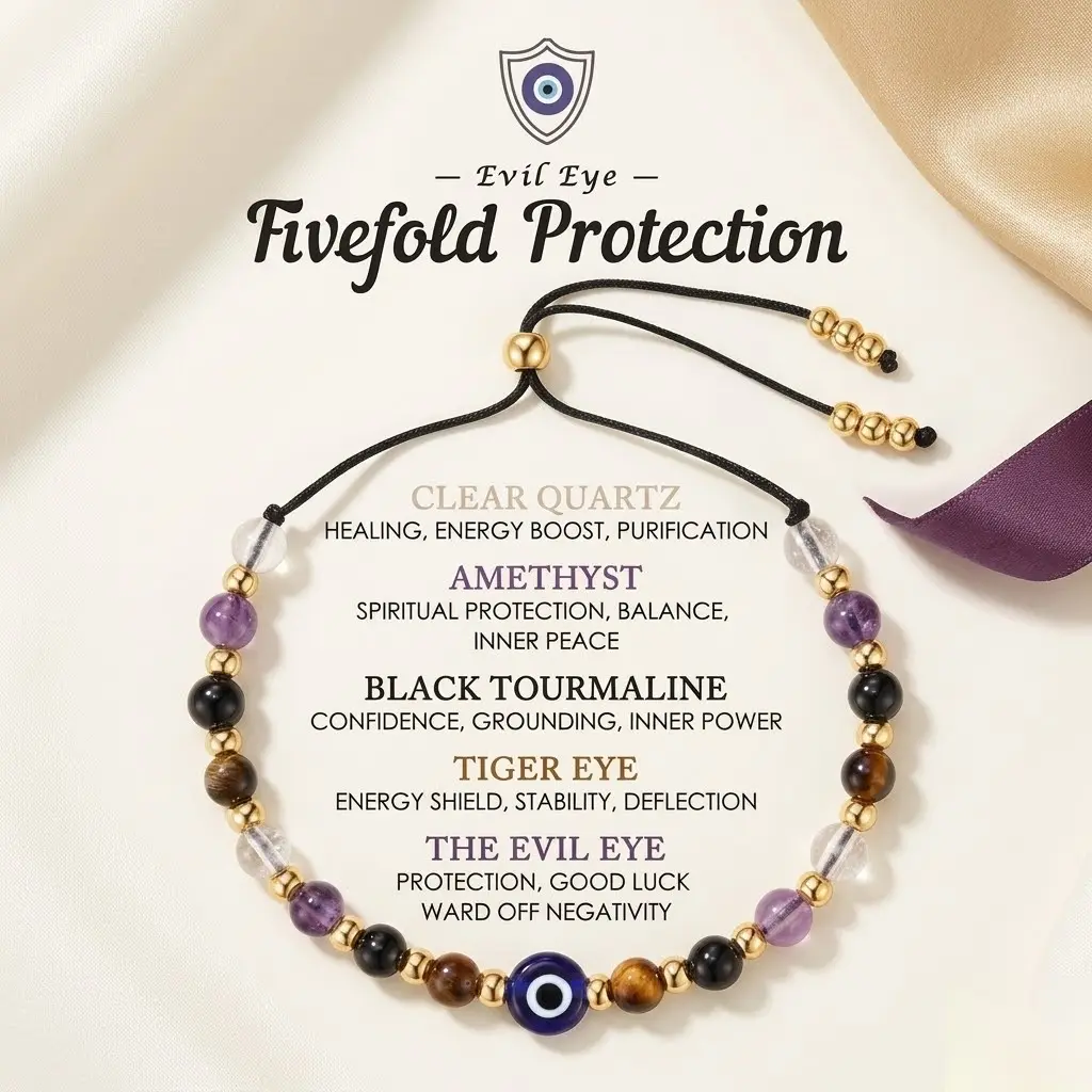 Evil Eye Dainty Bracelet with Natural Crystals - Adjustable Clear Quartz Amethyst Black Tourmaline Tiger Eye Stone Bracelet, Energy Bracelet, Spiritual Jewelry Gift with Meaning Card Handcrafted Healing Crystal Bracelet, Beautiful Bracelets, Tigers Eye