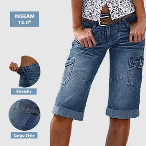 Flamingals Flap Pocket Roll Hem Bermuda Denim Shorts Jean Blue Comfort High Stretch Women's Bottoms Style 13.0" Inseam Cold Wash Friendly Summer Vibes