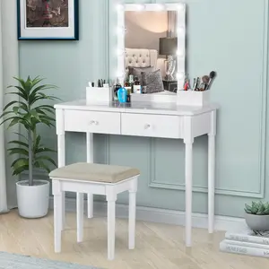 Vanity Set with Lighted Mirror & Stool, Dressing Table Makeup Vanity Desk with 2 Drawers/Clear Glass Table Top/3 Color Lighting Modes Girls Gift Bedroom Furniture (White)