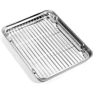 Baking Sheet with Cooling Rack (1 Cookie Sheet + 1 Baking Rack), Stainless Steel Small Baking Sheet Pan with Wire Rack, Toaster Oven Pans Size 10.4 x 8 x 1 Inch,  & Heavy Duty & Non-stick