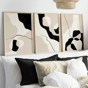 3 Pieces Minimalist Black and White Abstract Geometric Line Art, Nordic Wall Mural, Simple Monochrome Home Art, Contemporary Gallery Decor, Monochrome Painting, Wall Decor for Living Room and Bedroom, Framed or Unframed.