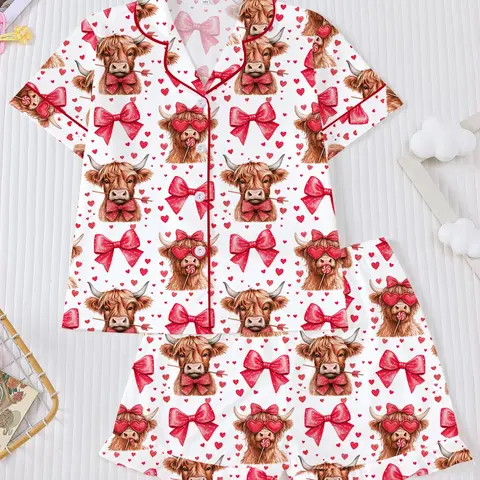 Heart Bow Highland Cow Short Sleeve Cartoon Print Pajama Set, Cute Cartoon Homewear, Nightwear, Fire Retardant Button-Up Shirt & Loose Shorts