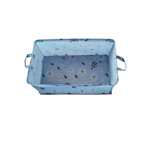 Blue Daisy Storage Basket with Steel Frame and Hard Bottom, Foldable Handheld Storage Box, Durable Room Organizer for Home and Office