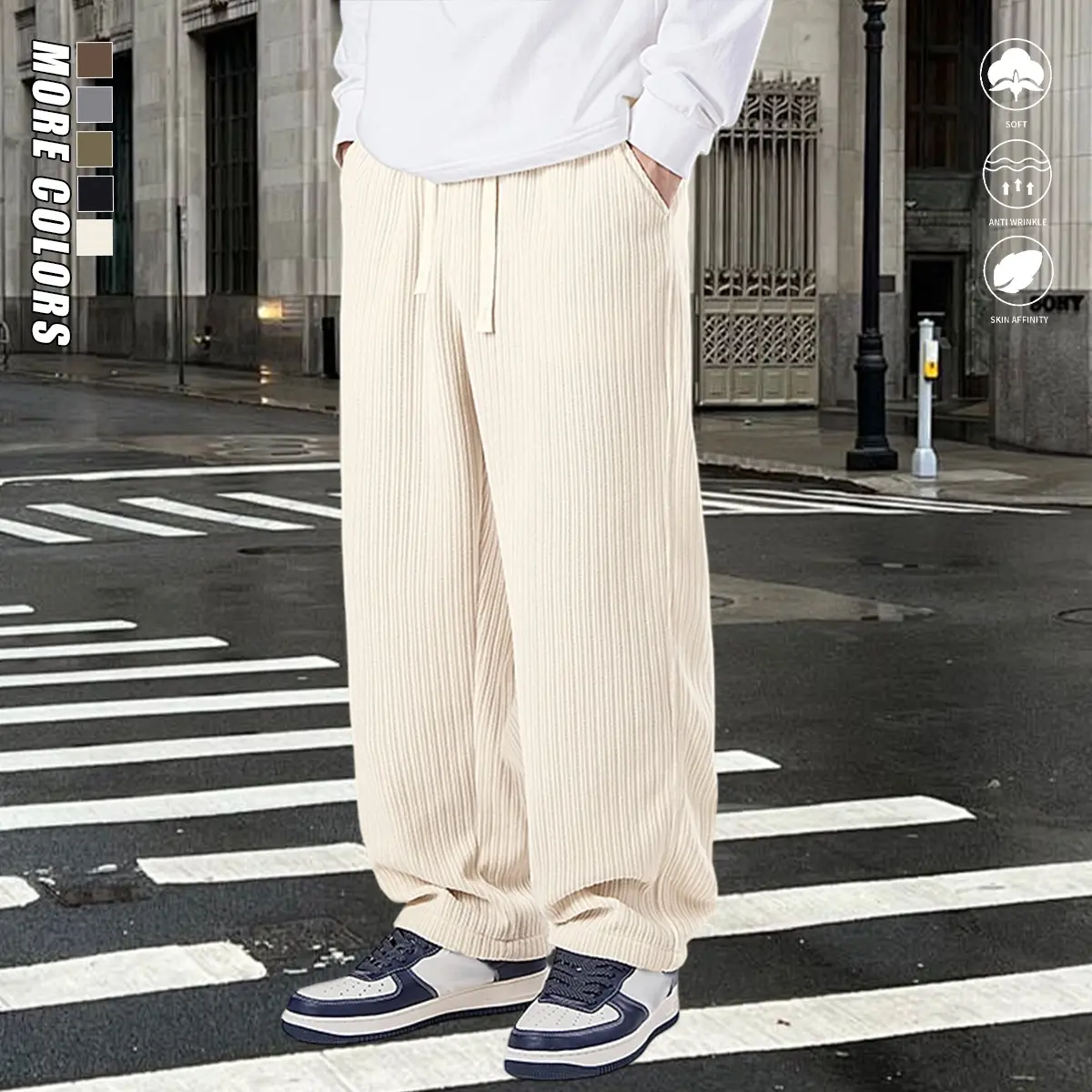 Men’s casual long pants, ribbed sweatpants with drawstring pockets, comfortable street-style casual long pants, suitable for everyday wear and casual gatherings, available in multiple colors, men’s bottoms, casual long pants, autumn/winter long pants