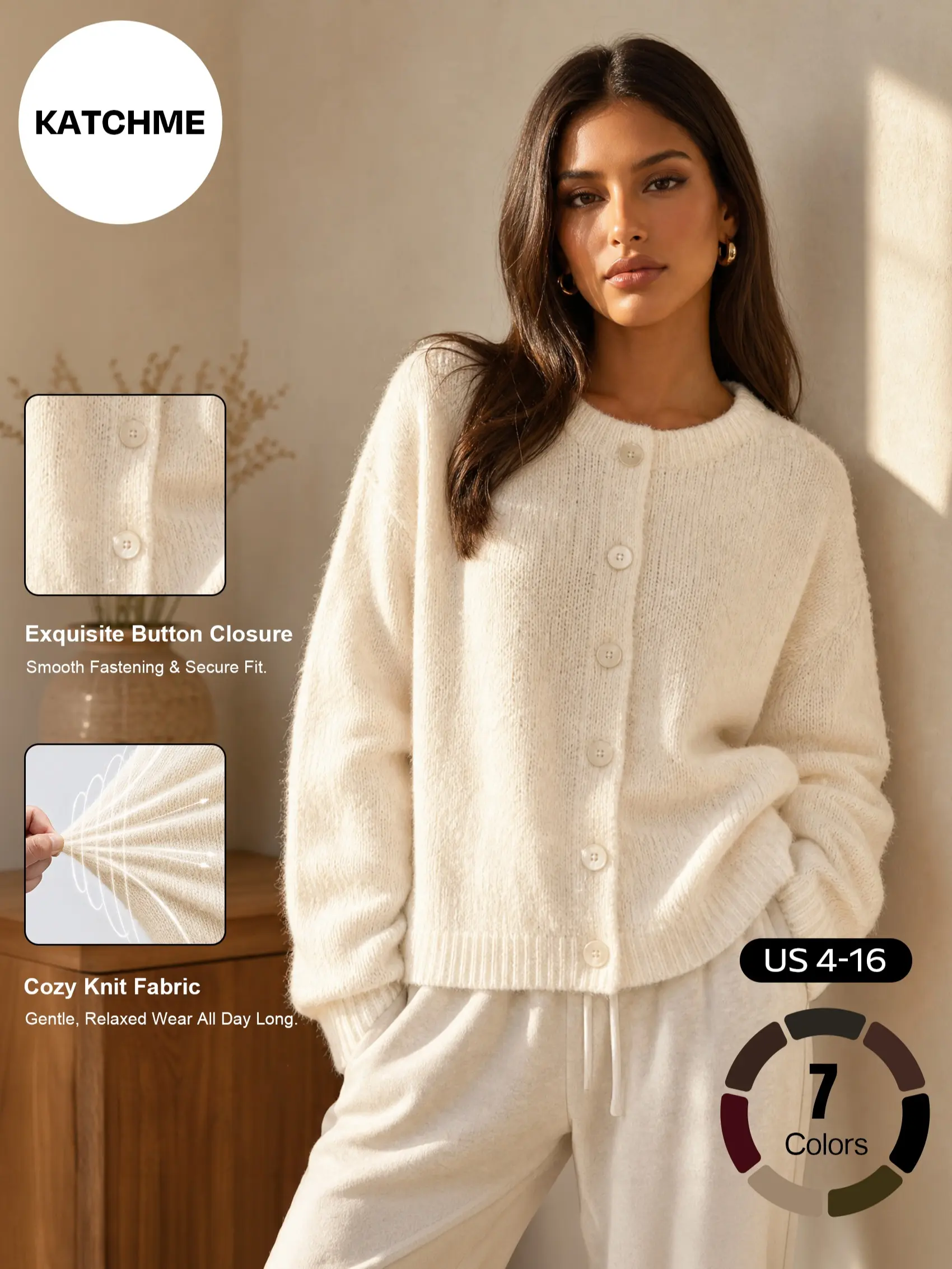 Katch Me Chic Women's Cozy Button-Up Knit Cardigan, Soft Fuzzy Long Sleeve Thermal Cropped Sweater, Minimalist Stretchy Layering Knitwear for Fall & Winter #TikTokMadeMeBuyIt #SohoChic #ComfyOutfit