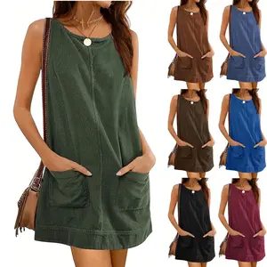 SCUSTY Women's Corduroy Overall Dress Round Neck A Line Skirtall Jumper Mini Dress Pinafore with Pockets