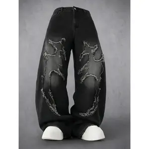 Men's Y2K Distressed Flame Baggy Jeans | Vintage Washed Black Denim, Frayed Patchwork Design, Streetwear Wide Leg Pants for Concert & Festival