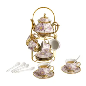 20 PCS Ceramic Tea Sets for Women Tea Party, Purple Pattern Tea Set with Gold Shelf, Flower Porcelain Tea Set with 6 Plates & 6 Spoons, Coffee Cup Set for Restaurant Hotels Dinner