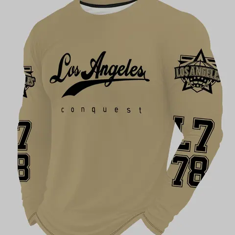 Trendy Stylish men's letter print long-sleeved T-shirt, versatile crew neck pullover, streetwear, men's top.