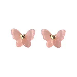 Pink Butterfly Studs 14K Yellow Gold Plated 925 Sterling Silver