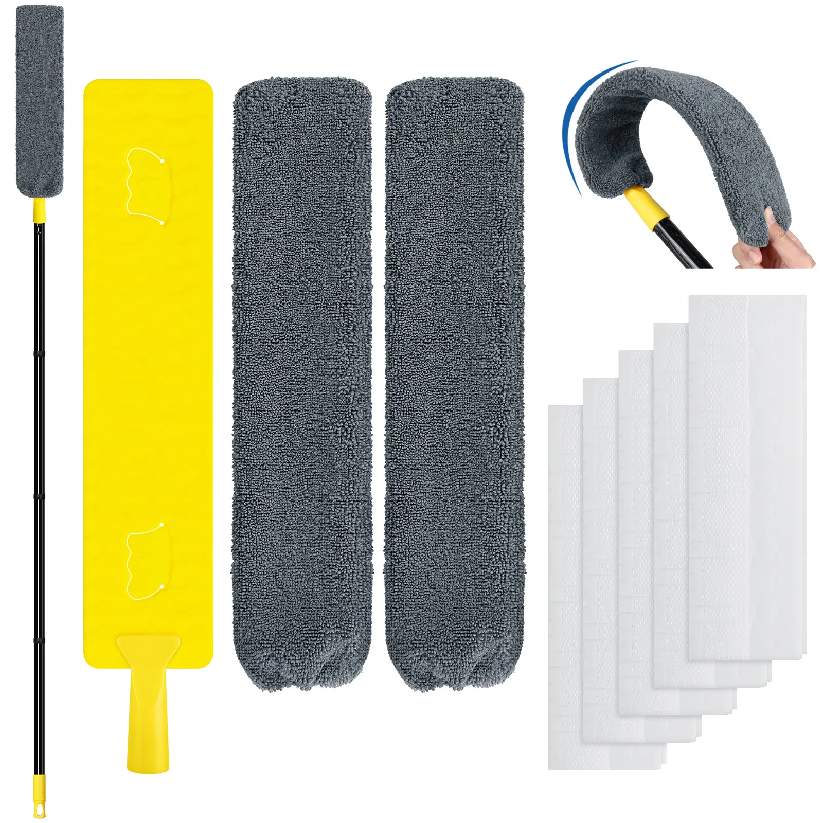 Qaestfy Flat Head Under Appliance Gap Duster Kit - Multisurface Dusters with Ultra Slim Design for Furniture Gaps Deep Dusting, 30-63in Retractable Long Handle, 2 Removable & Washable Microfiber Pads, 5 Disposable Dusting Cloths