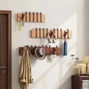 Foldable wooden wall-mounted hook rack with piano key multi-hook design, space-saving storage rack for scarves, towels, and coats in the bathroom entrance, Bohemian style home decoration mini box