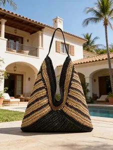 1pc Black & Beige Striped Woven Straw Hobo Bag for Women, Handmade Raffia Tote Bag with Leather Handle, Large Capacity Summer Beach Shoulder Bag