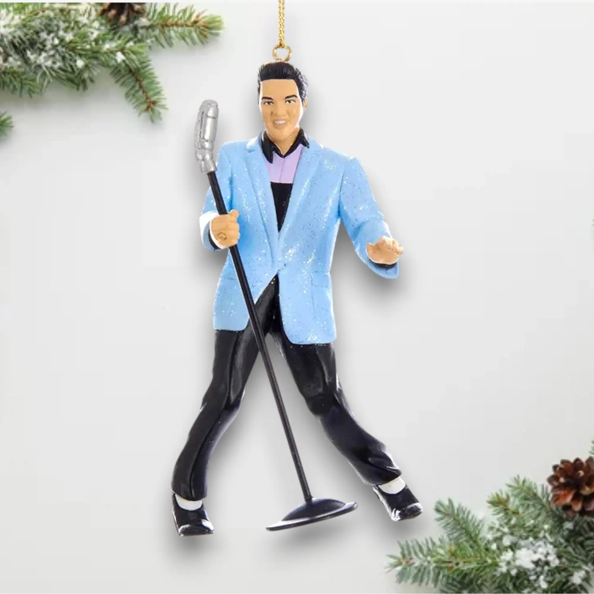 Blue Suit Hound Dog Elvis Christmas Ornament – Rock ‘n’ Roll Musician Tree Decoration – 4” Resin Collectible – Retro Holiday Gift – Noel Box