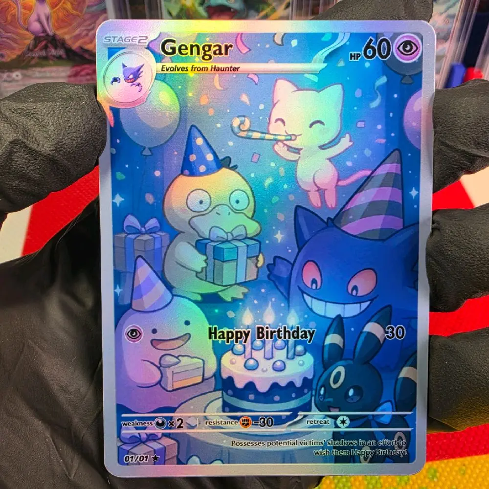Birthday Gengar Fan Art Card – 4 Holo Styles: Starry, Bubble, Swirl, Rainbow