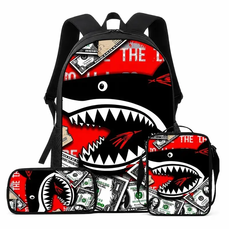 3-Piece Shark Mouth Graphic Carry Collection, red and black Oxford cloth main bag with matching lunch case and pencil case, lightweight zippered design with adjustable padded straps for everyday use