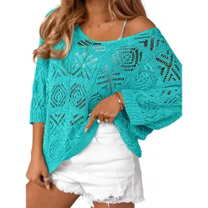 Lannew Womens Crochet Cover Up Top Summer 3/4 Sleeve Off Shoulder Sweater Shirts Mesh Boho Beach Swimsuit Coverup