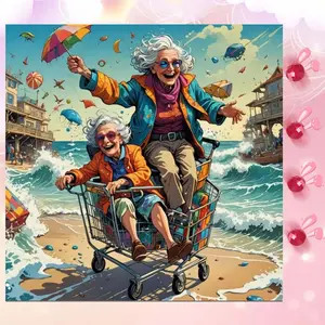 5D DIY Full Drill Round Diamond Painting Kit - Beach, Shopping Cart, Umbrella Mosaic, Canvas - DIY Wall Decor, Home Wall Art, Suitable for Halloween and Christmas, Birthday and Anniversary Gifts