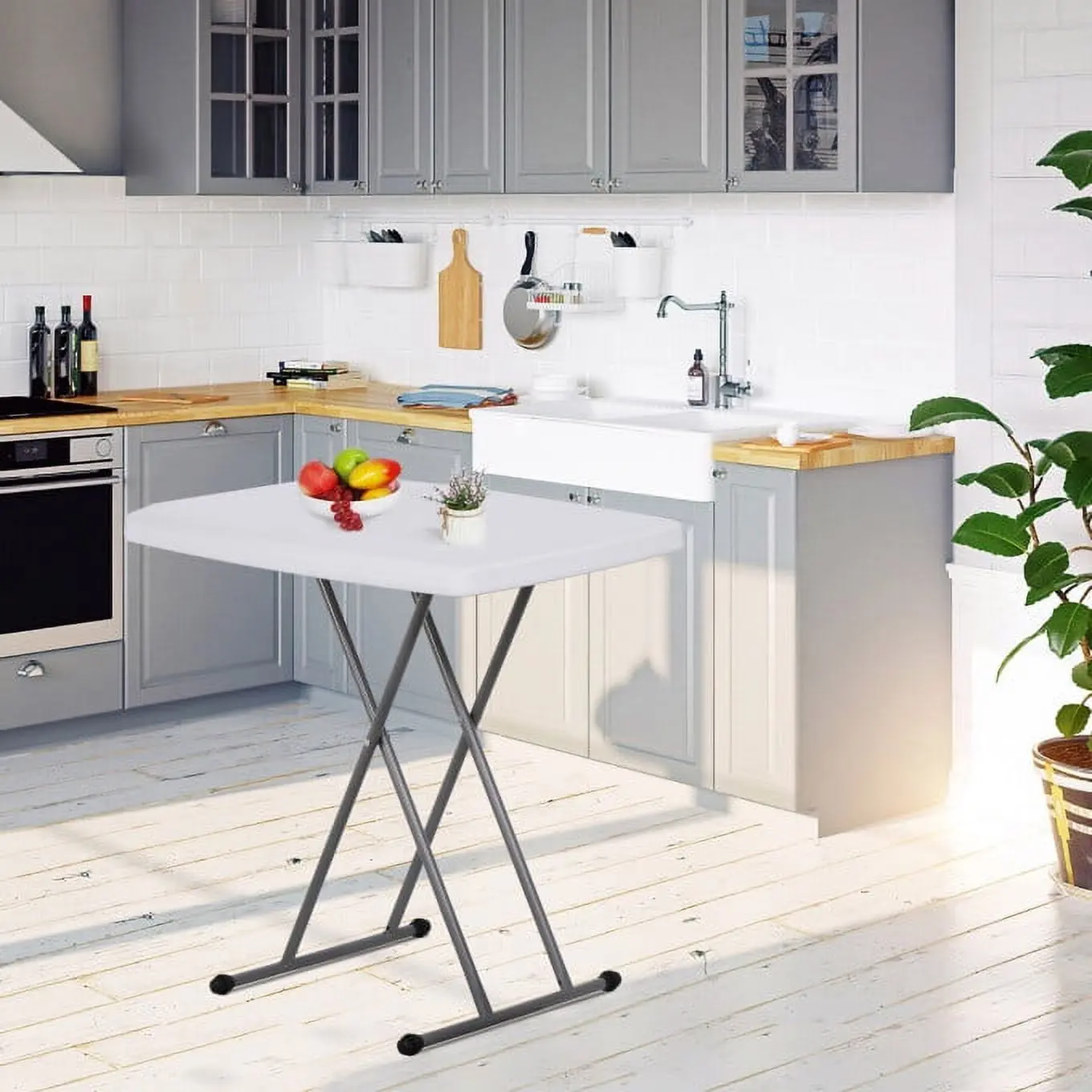 Segawe 30" Height-Adjustable Foldable Outdoor Family Picnic Table - HDPE+Steel Camping Kitchen Furniture, 110lb Capacity, Compact Storage, Portable Tray for TV/Dinner, White, Camping Kitchen Table