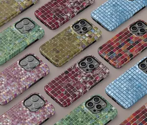 Glossy Mosaic Tile Phone Case, Aesthetic Olive Green Checker Pattern for iPhone 17 - 11 Pro Max Plus Mini X XR XS 7 8 Plus or SAMSUNG GALAXY S25 - S21 Ultra Plus