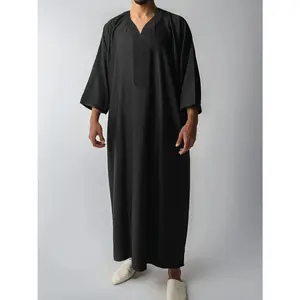 Men'S Black V-Neck Thobe with Side Pockets - Moroccan Embroidered Islamic Robe, Three-Quarter Sleeve, Loose Fit, Rayon Fabric, Casual Wear for All Seasons, Islamic Clothing, Traditional Attire, Detailed Embroidery
